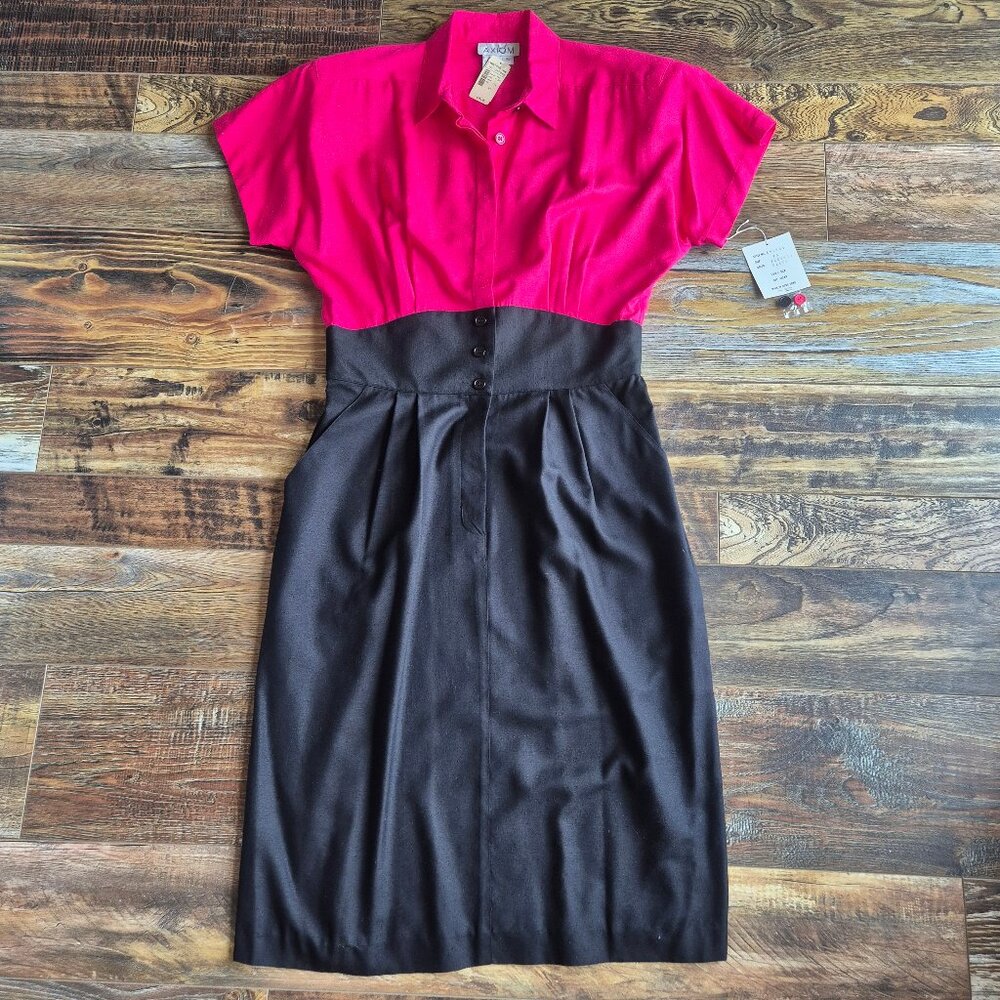 Vintage NWT AXIOM 100% Silk Sheath Dress Pleated Pocket Fuchsia Black